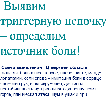  Выявим триггерную цепочку – определим источник боли! Схема выявления ТЦ верхней области (жалобы: боль в шее, голове, плече, локте, между лопатками, если слева – имитация боли в сердце, онемение рук, головокружение, дистония, нестабильность артериального давления, ком в горле, паническая атака, шум в ушах и др.)